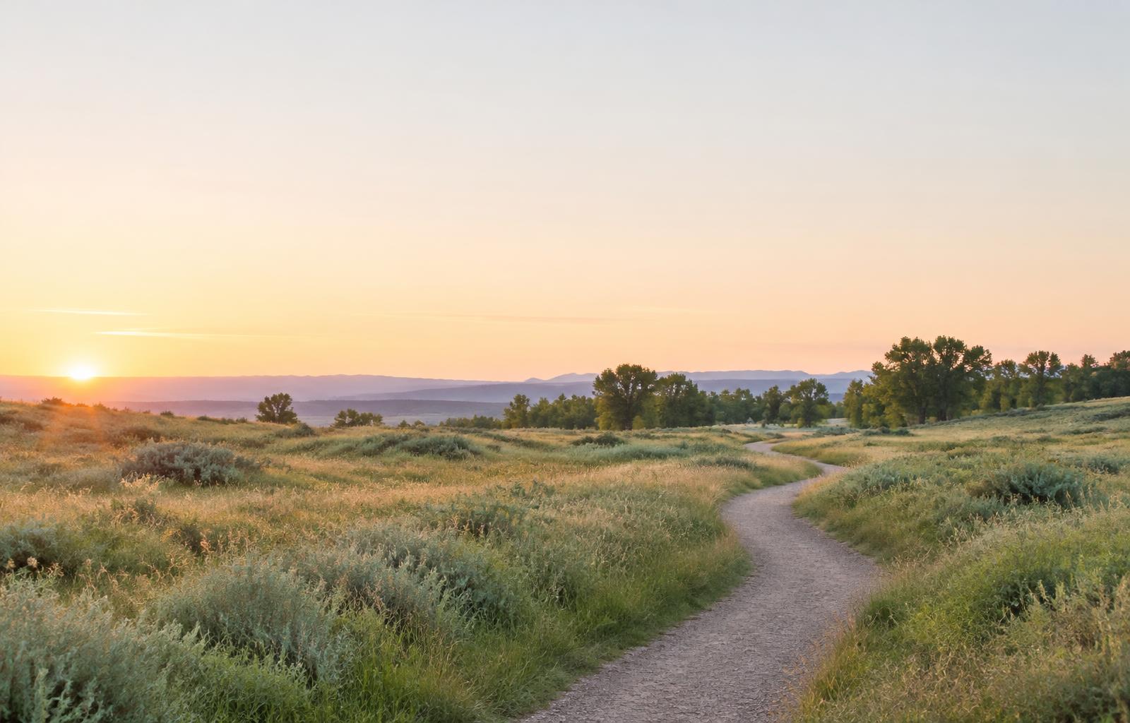 A quiet walking path through a meadow at sunrise